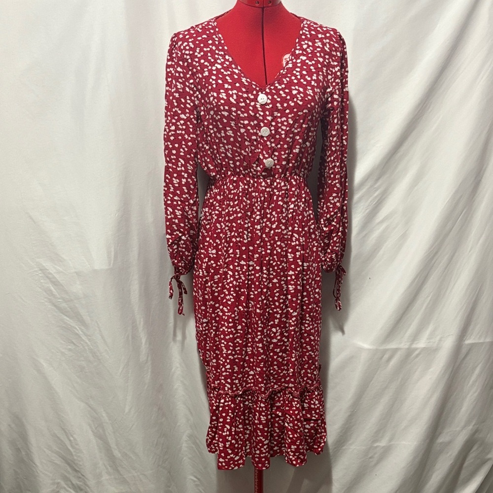 Elegant Red Floral Long Sleeve Dress MM395